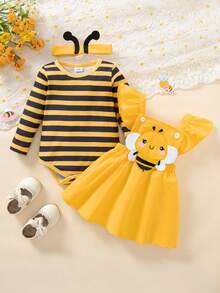 3pcs Baby Girls Outfit Set: Yellow & Black Striped Romper, Embroidered Bee Suspender Dress (With Ruffle Hem And Headband) - Multicolor - View 2
