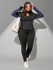 Plus Size Women's Autumn/Winter Sports Suit, Long Sleeve Leopard Print Zip-Up Jacket With Pockets, Soft High-Waist Skinny Pants With Pockets, Outdoor Cycling Patchwork Exercise Casual Outfit - Black - View 3