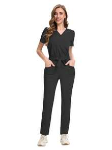 Nurse Uniforms V-Neck Top Pants Scrub Sets Surgical Workwear Dentist Nursing Suit Hospital Nurses Accessories Working Clothes - Black - View 5