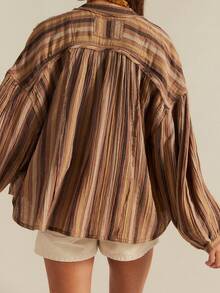 Women Front Button Down Vintage Plaid Striped Batwing Blouse Shirt Y2k Long Sleeve V Neck Gingham Frees Checkered Linen People Swing Crop Tops - 棕色 - 查看 3