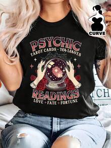 Camiseta de algodón negro de 180 g para mujer, cuello redondo, manga corta, lecturas psíquicas, con cartas del tarot y estampado de hojas de té. Temática: amor, destino y fortuna. Ideal para uso casual. - Negro - Ver 2