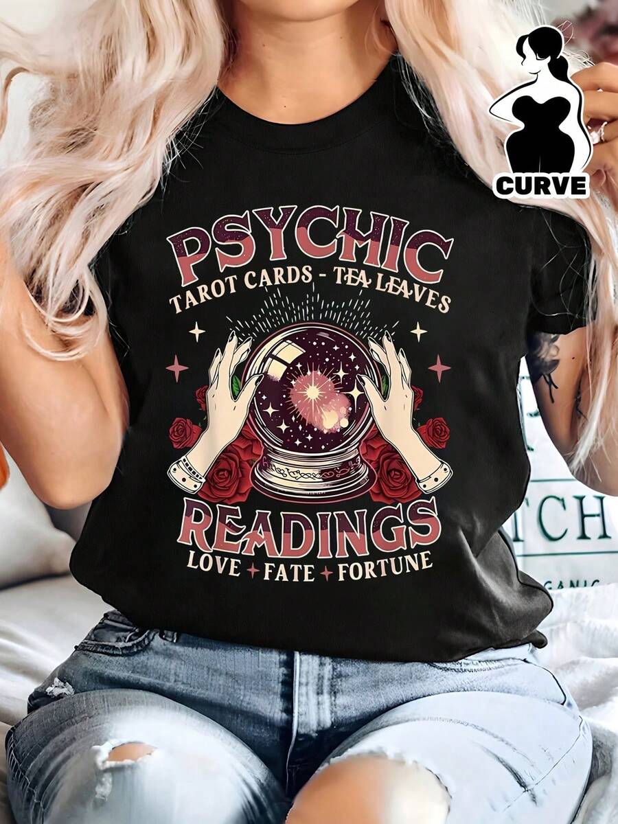 Camiseta de algodón negro de 180 g para mujer, cuello redondo, manga corta, lecturas psíquicas, con cartas del tarot y estampado de hojas de té. Temática: amor, destino y fortuna. Ideal para uso casual.