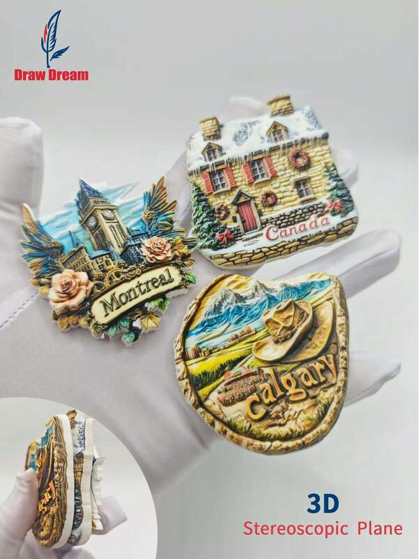 1pc Canada Travel Souvenir 3D Embossed Fridge Magnet Set | Montreal Clock Tower + Calgary Cowboy + Snowy Stone House, Personalized Travel Souvenir Fridge Magnet Sticker, Home Decor, Kitchen, Room, Office, Cabinet Craft Gift, Holiday Gifts, Elegant Small Gift