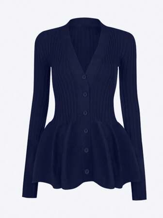 Suéter de punto acanalado con cuello en V, manga larga, ajuste ceñido, botones delanteros y bajo acampanado, estilo casual Y2K para otoño