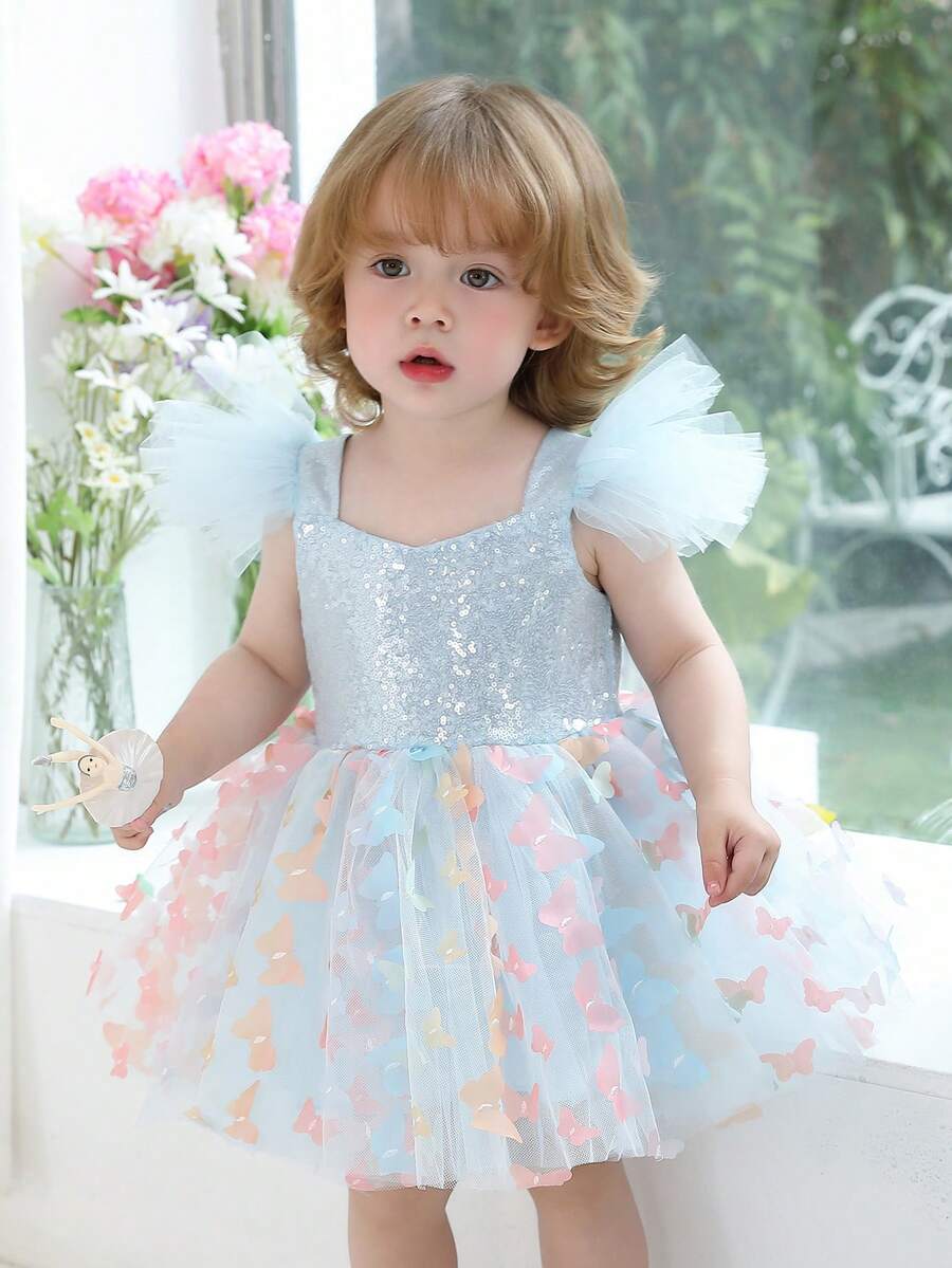 女婴蓝色荷叶袖亮片3D蝴蝶结优雅派对礼服，公主裙，适合宝宝一周岁生日派对、婚礼、宴会、花童等场合。 - 淺藍色 - 查看 1