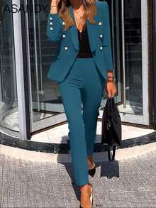 Bộ vest nữ màu trơn - Áo blazer hai hàng cúc và quần ống đứng, trang phục công sở chuyên nghiệp. - Màu xanh hải quân - Xem 3