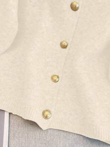 1pc Women's Solid Color Metallic Button Sweater, Casual Round Neck Short Sleeve Cardigan, Versatile Knit Sweater Tops, Autumn/Winter - Apricot - View 7