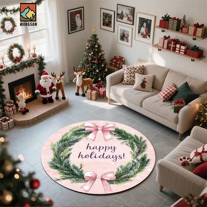 1 Stück/10 Stücke Frohe Feiertage! Rosa Schleifen Kranz Badezimmer Antirutschmatte, Flanellmaterial, runde Bodenmatte, Plüsch Dekoration, geeignet für Badezimmer, Tür, Küche, Wohnzimmer und andere Anlässe, maschinenwaschbar, rutschfest, Weihnachtsdekoration, Geschenkidee