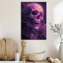 1 pieza Póster de arte de pared con cráneo gótico místico morado - Impresión en lienzo con marco de madera de tonos violeta y morado profundo, decoración gótica moderna para sala de estar, baño, regalos de Halloween y días festivos - Pintura contemporánea de cráneo etéreo, instalación de gancho fácil, decoración, diseño geométrico, obra de arte, decoración de dormitorio y accesorios, decoración del hogar y accesorios, decoración de pared, 2D plano, enmarcado, lienzo envuelto, pintura decorativa lista para colgar