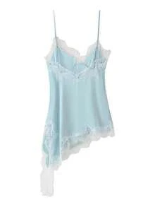 Women Silky Lace Trim Camisole Satin Asymmetrical Cami Top Spaghetti Strap Going Out Side Split Flowy Tunic Tank Top - Màu xanh lam - Xem 3