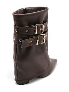 Bottines femme à talon bas avec doubles boucles dorées – style élégant en simili cuir - 棕色 - 查看 5