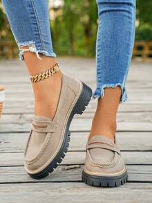 Mocasines de suela gruesa y ajuste ancho con punta redonda, para primavera y verano. Zapatos casuales ligeros, cómodos y elegantes para viajes y vacaciones al aire libre. Parte superior de cuero. Adecuado para estudiantes y tallas grandes. Se recomienda pedir 1/2 talla talla grande de su medida real, no es apto para pies estrechos. - Caqui - Ver 4