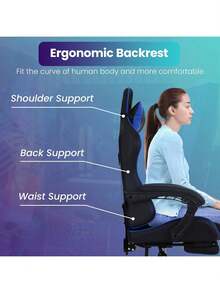 Ergonomic Racing Style Gaming Chair | Computer Desk Chair With Adjustable Lumbar Support | Breathable, Reclinable Design For Long Gaming/Work Hours - 藍色 - 查看 6