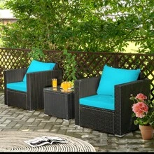 3PCS Patio Rattan Wicker Furniture Set Sofa Table W/Cushion Turquoise - 預設 - 查看 4