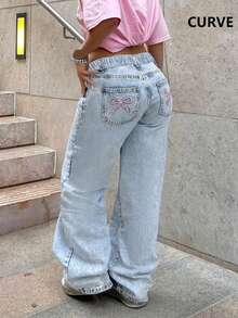 欧美街头设计 Y2K 时尚休闲蝴蝶结印花水洗大码松紧腰带女式直筒牛仔裤 - 淺色水洗藍 - 查看 6