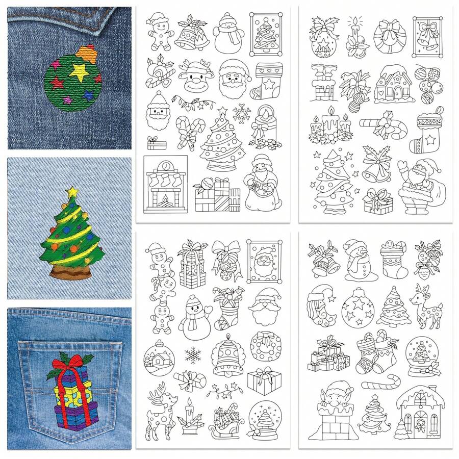 4 件圣诞主题水溶性稳定片，用于织物刺绣 - 带有圣诞老人、雪人、树木和礼物的节日设计 - 非常适合初学者和业余爱好者 - 包括 9 个刺绣针法视频教程、刺绣稳定片 | 节日刺绣 | 可水洗稳定片
