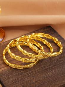 1/3/4pcs Vintage 18K Gold Plated Copper Asymmetrical Hollow Wheat Ear Cuff Bracelet Set, Suitable For Dubai/African Women's Daily, Party, Festival Gift