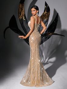 Elisanya 闪亮华丽纯色亮片串珠露背露肩修身礼服 - 香檳色 - 查看 3