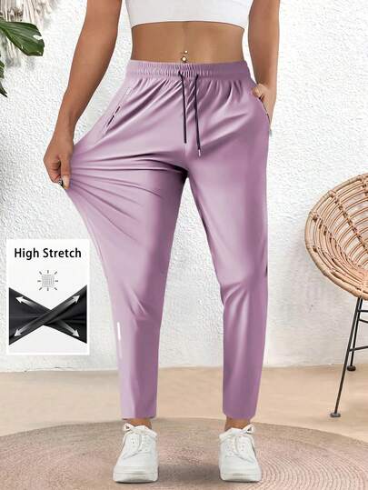 Women'S Mid-Rise Stretch Casual Pants With Zipper Pockets & Adjustable Drawstring Waist - Lightweight Straight-Leg Joggers For Walking, Outdoor - Spring/Summer/Fall, Jogging Pants, Smooth Texture Fabric Tights