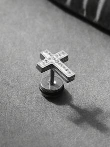 1 Pair Men's Hip Hop Fashion Rhinestone Stainless Steel Cross Geometric Stud Earrings, Suitable For Men's Daily, Party, Street, Nightclub, Punk Style Wear