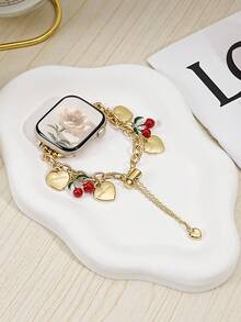 1条女士手表表带，兼容苹果手表，爱心樱桃吊坠金色表带，兼容苹果手表38/40/41/42/44/45/46/49毫米，适用于Ultra3/2/1/SE/11/10/9/8/7/6/5/4/3/2/1 - 金色 - 查看 9