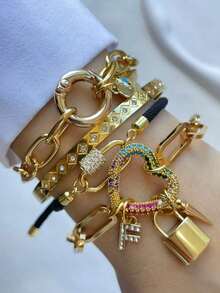 1件 STYLEVER 金色 A-Z 字母手链，彩色钻石心形扣链，白色钻石手链，不锈钢链，圣诞节礼物，万圣节礼物 - 金黃色 - 查看 1