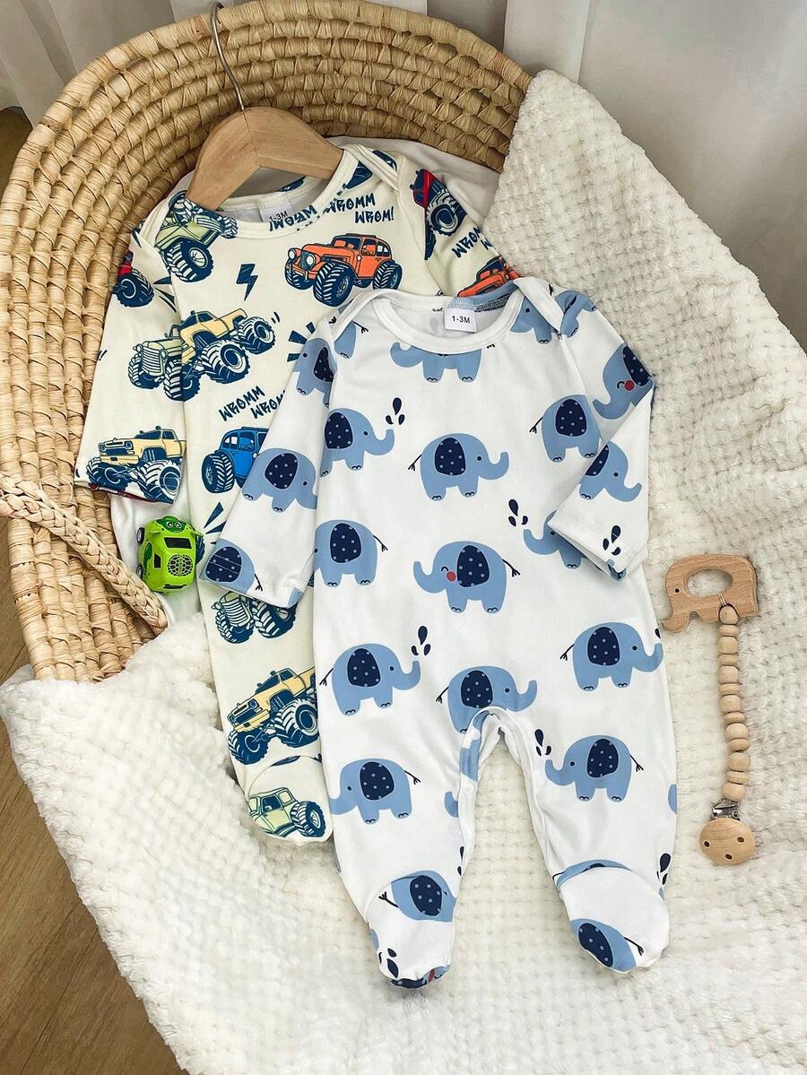Newborn 2 Pieces Romper Set, Cute Cartoon Elephant & Big Truck All-Over Print Long Sleeve Shoulder Design Footed Jumpsuit, Snap Crotch Baby Everyday Wear - Multicolor - View 1