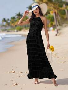 Women's Ruched Bodycon Long Dress Sleeveless Backless Solid Color Dress Cocktail Party Dress - Black - View 9