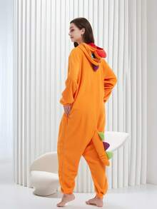 Unisex Orange Dragon One-Piece Pajamas Hooded Cartoon Jumpsuit Fall Winter Christmas Animal Cosplay One Piece Pajamas, Funny One Piece Outfit For Halloween Party - 橘色 - 查看 5