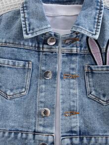 新款男女款婴幼儿蓝色牛仔长袖上衣，绣有英文字母，可爱休闲牛仔夹克 - 藍色 - 查看 9