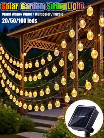 1 pieza Luces de cadena de bolas de cristal solares, resistentes al agua IP65 para uso en exteriores, luces de burbuja LED para decoración de jardín, con 8 modos, 20/50/100 leds, perfectas para acampar, decoración de tienda de campaña y ambiente acogedor de dormitorio, luces de cadena solares para jardín exterior, fiesta, Halloween, Navidad, Pascua, iluminación para acampar.