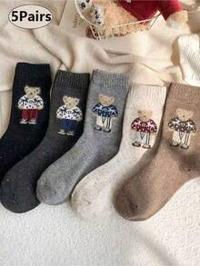 2 Pairs/5 Pairs Vintage Cartoon Polka Dot Cute Bear Mid-Calf Socks, Warm For Autumn/Winter