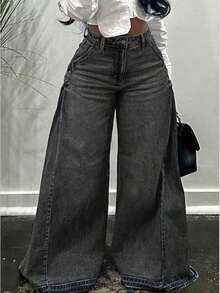 European And American Wide-Leg Jeans Women's Blue Washed Splicing Flared Pants Loose Floor-Mopping Fringed Trousers - 黑灰色 - 查看 1