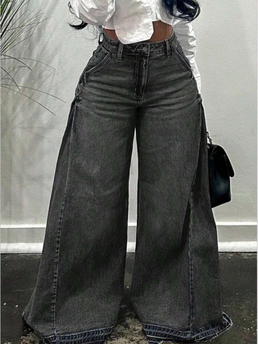 European And American Wide-Leg Jeans Women's Blue Washed Splicing Flared Pants Loose Floor-Mopping Fringed Trousers - 黑灰色 - 查看 1