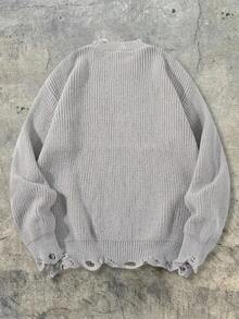 男女皆宜的休闲圆领套头毛衣，纹理流苏针织，适合商务和通勤穿着，春、秋、冬三季皆可穿着，长袖上衣 - 灰色 - 查看 3