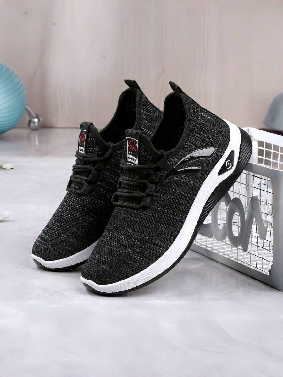 撞色条纹软底透气跑步鞋，低帮系带休闲时尚增高跑步鞋 - 黑與白 - 查看 1