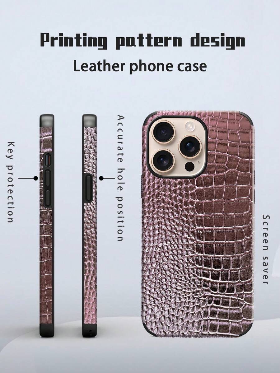 1pc Black Crocodile Leather Texture Shockproof Protective Phone Case With Rotary Sound Design, Compatible With Iphone - Rose Pink - View 1