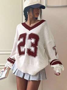 Damski top sportowy w blokach kolorów, sweter z długim rękawem i dekoltem w serek, paski w blokach kolorów, żakard ze wzorem liczbowym, do uprawiania sportu i aktywności na świeżym powietrzu, sweter damski, na siłownię i do biegania.