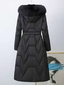 2025 Women's Winter New High-End Warm Solid Color Faux Fur Collar Patchwork Mid-Length Windproof Padded Coat, Slimming Fashionable Jacket - Black - View 2