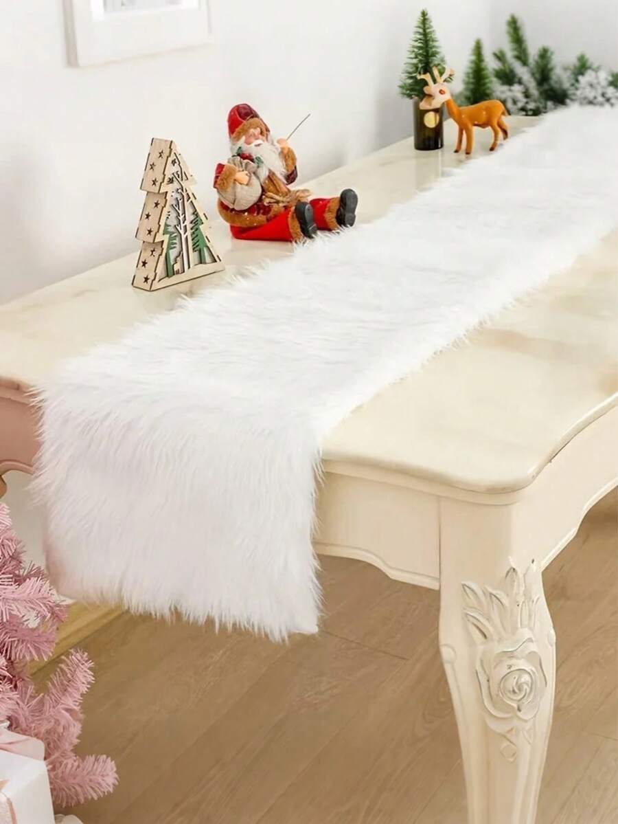 1pc Luxury White Faux Fur Table Runner - Elegant Solid Color Polyester, Soft Translucent Texture, Cream White Tone, Durable And Easy To Clean, Suitable For Christmas, New Year And Daily Use Holiday Dining Table Decor - Fits Modern And Traditional Dining Tables, Narrow Or Wide Tables, Perfect For Holiday Dining Setting, Ideal Choice For Kitchen, Dining Room, Home Decor, Bedroom, Christmas Decoration