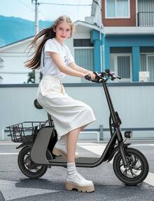 WIND HORSE 12.5" Tires Electric Scooter With Seat & Basket For 14+ Ages, 20 Miles Range, Peak 672W Up To 15.5 MPH, Dual Disc Brakes, 265LBS Max Load, Foldable Electric Scooter For Adults Commuting Campus
