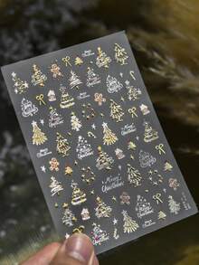 1张烫金银色圣诞树5D美甲贴纸，带雪人蝴蝶结星星冬季仙境设计，适用于圣诞节美甲装饰 - 彩色 - 查看 4