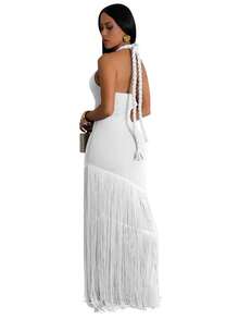 Vestido de cóctel de unicolor, sexy, con abertura y flecos en el bajo para mujer