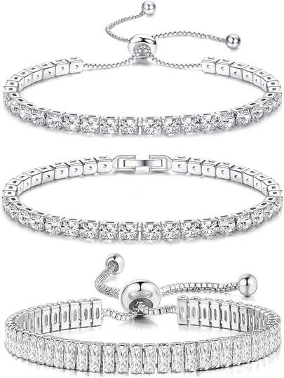 Milacolato 3PCS Tennis Bracelet Silver For Womens Girls Crystal Zirconia Slider Bracelets Adjustable Classic Tennis Bracelets Set Diamond Bracelet Jewellery Gift For Girlfriend,Mother,Wife,Friend