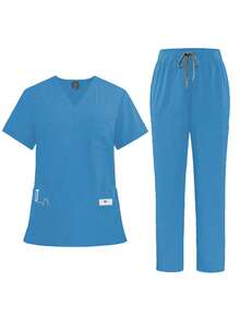 Set Seragam Medis Lengan Pendek Leher V Hitam, Seragam Medis untuk Dokter & Perawat - Baby Blue - View 3