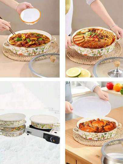 1pc Enamel Multi-Color Porcelain Double-Ear Round Plate, Enamel Baking Tray, Versatile Enamel Double-Ear Baking Tray, Enamel Hot Pot Double-Ear Seafood Pot With Lid, Thick Enamel Pasta Bowl, Salad Bowl, Pizza Plate, Enamel Thick Round Plate, Tea Plate, Fruit Plate, Round Baking Tray, Plate, Suitable For Induction Cooker, Enamel Porcelain Round Double-Ear Plate, Enamel Baking Tray, Enamel Plate