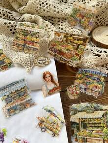 20pcs/Pack Cute Cartoon Girl, Flower, Vegetable, Food, Fruit Market Sticker Set, Vintage Adorable Stickers For Scrapbooking, Diary, Planner, Decor, Waterproof PET, Party Favors