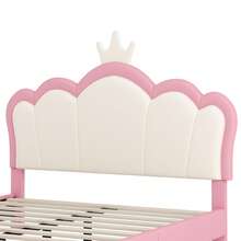 Full Size Upholstered Princess Bed With Crown Headboard For Girls, Full Size Platform Bed With Headboard And Footboard, White + Pink