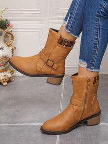 1 Pair Women's Autumn/Winter Fashion Boots, Pointed Toe Block Heel Short Boots, Knit Collar Western Style With Buckle And Side Zipper, Holiday