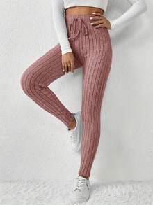 Autumn And Winter Solid Color Slim Fit High Waist Solid Color Knit Ribbed Knit Elastic Fleece Large Ribbed Waist Leggings Stage And Concert Home Women's Style Cool European And American Style! - Pink - View 3
